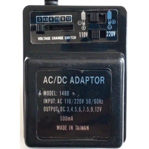 CARGADOR / ADAPTADOR UNIVERSAL AC/DC / NUMERO DE PARTE 1460 / ENTRADA VCA AC 110-220V~ 50/60HZ / SALIDA VCD / DC 3V 4.5V 6V 7.5V 9V 12V  500MA / MODELO 1460